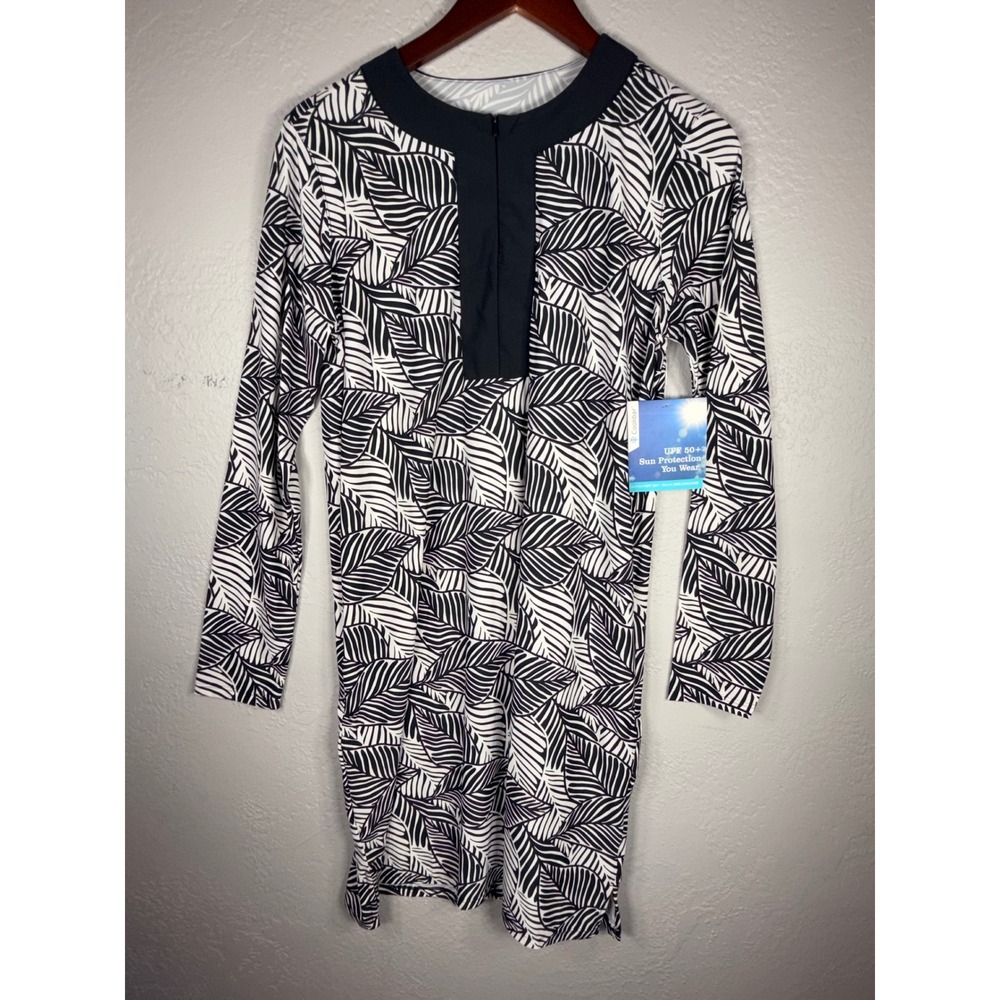 Coolibar Shoreside Swim Cover-Up Dress Womens M Black White Leaf UPF 50+ 10601